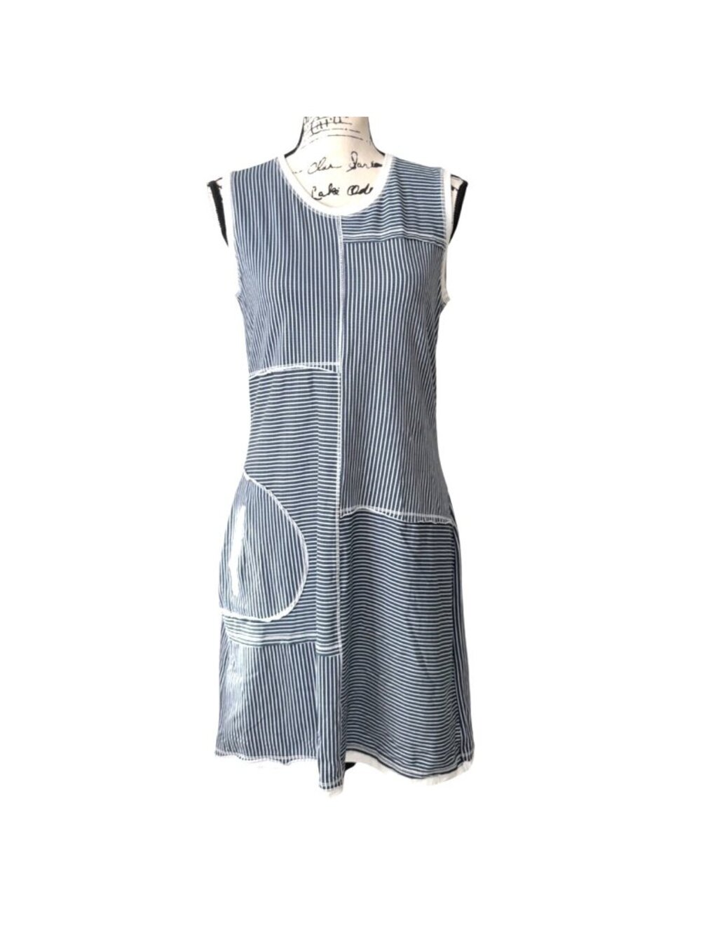 Simply Art Dolcezza Womens Size M Dress Sleeveless Striped-Patchwork Blue White